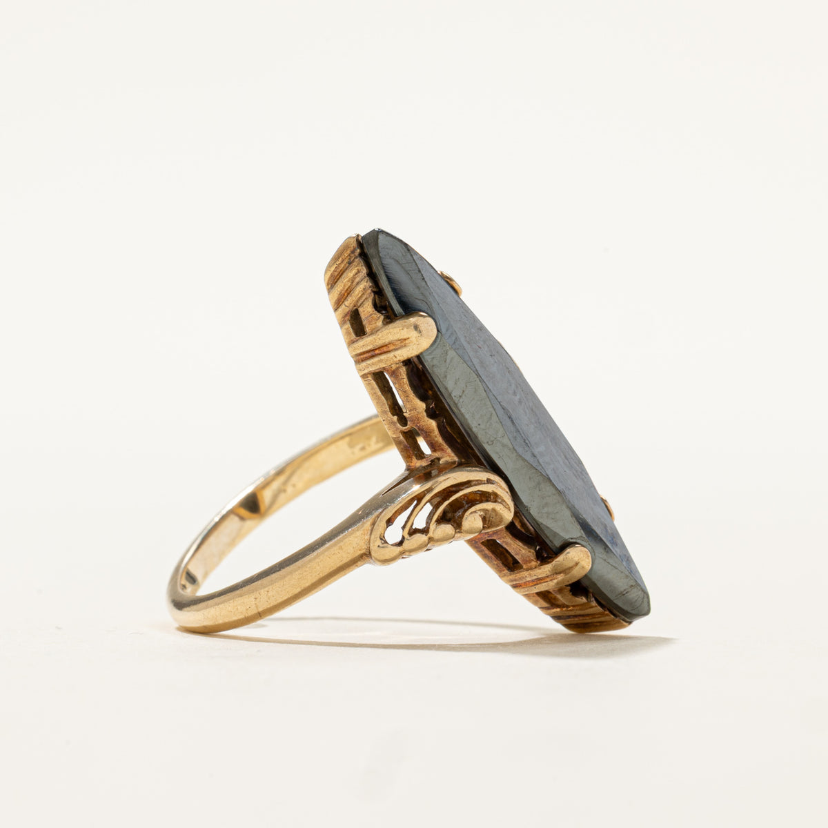 10k Solitaire Hematite Scrollwork Navette Ring | 3.80ct | SZ 6