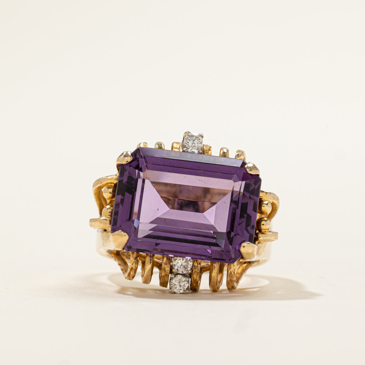14k East West Amethyst & Diamond Openwork Cocktail Ring | 10.15ct, 0.14ctw | SZ 7.5