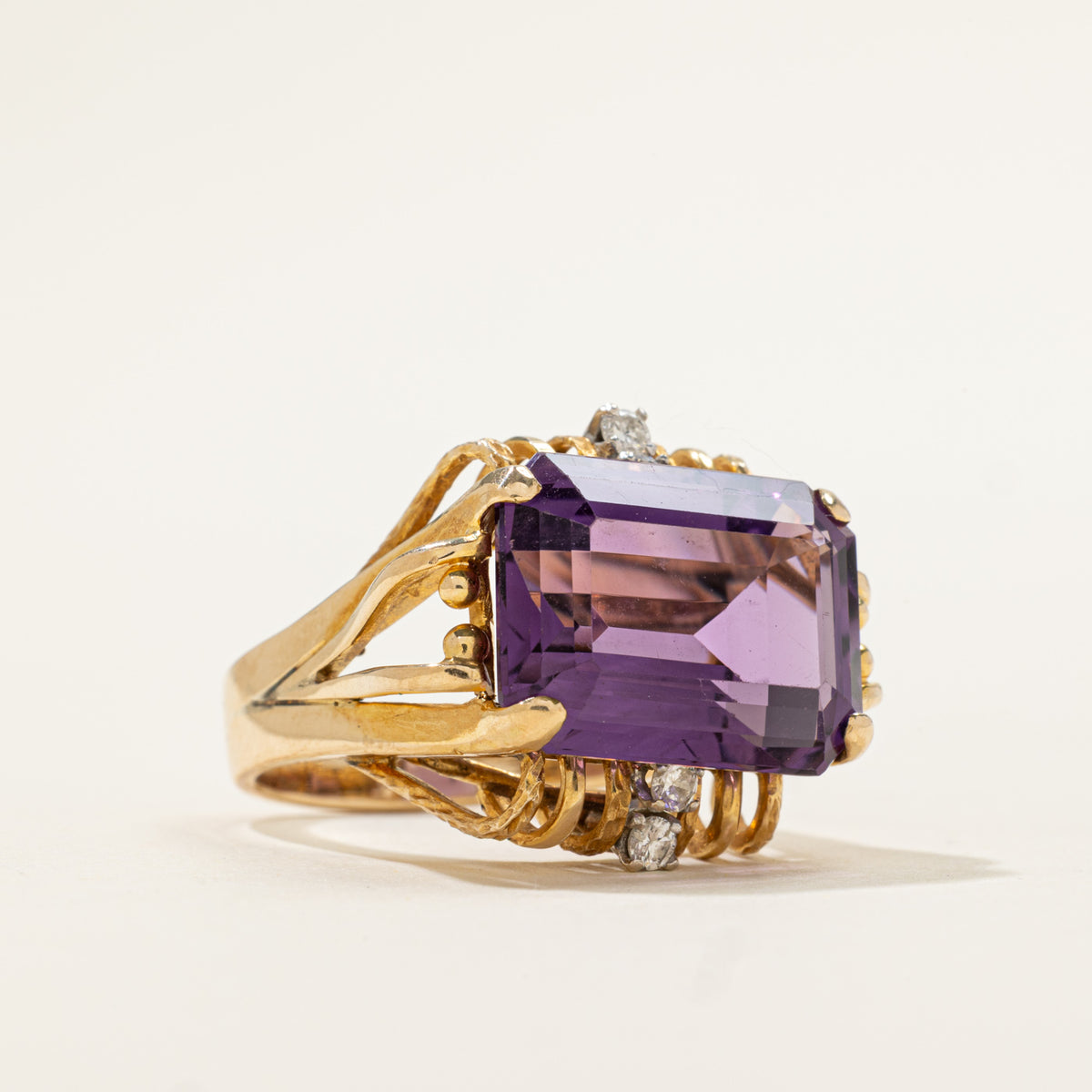 14k East West Amethyst & Diamond Openwork Cocktail Ring | 10.15ct, 0.14ctw | SZ 7.5
