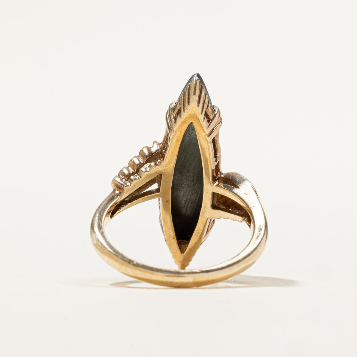 10k Solitaire Hematite Scrollwork Navette Ring | 3.80ct | SZ 6