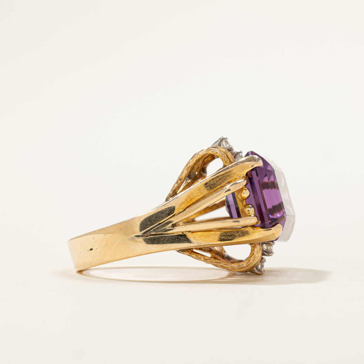 14k East West Amethyst & Diamond Openwork Cocktail Ring | 10.15ct, 0.14ctw | SZ 7.5