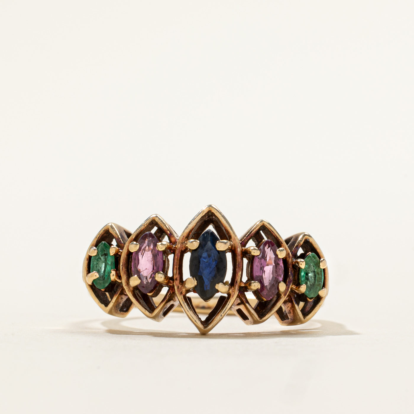 14k Five Stone Marquise Cut Sapphire, Ruby & Emerald Openwork Ring | 0.52ctw | SZ 8