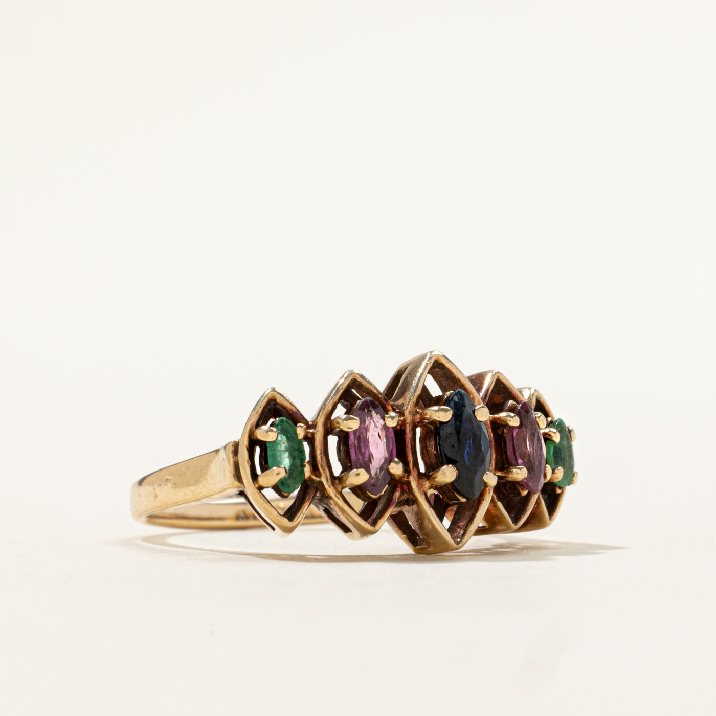 14k Five Stone Marquise Cut Sapphire, Ruby & Emerald Openwork Ring | 0.52ctw | SZ 8