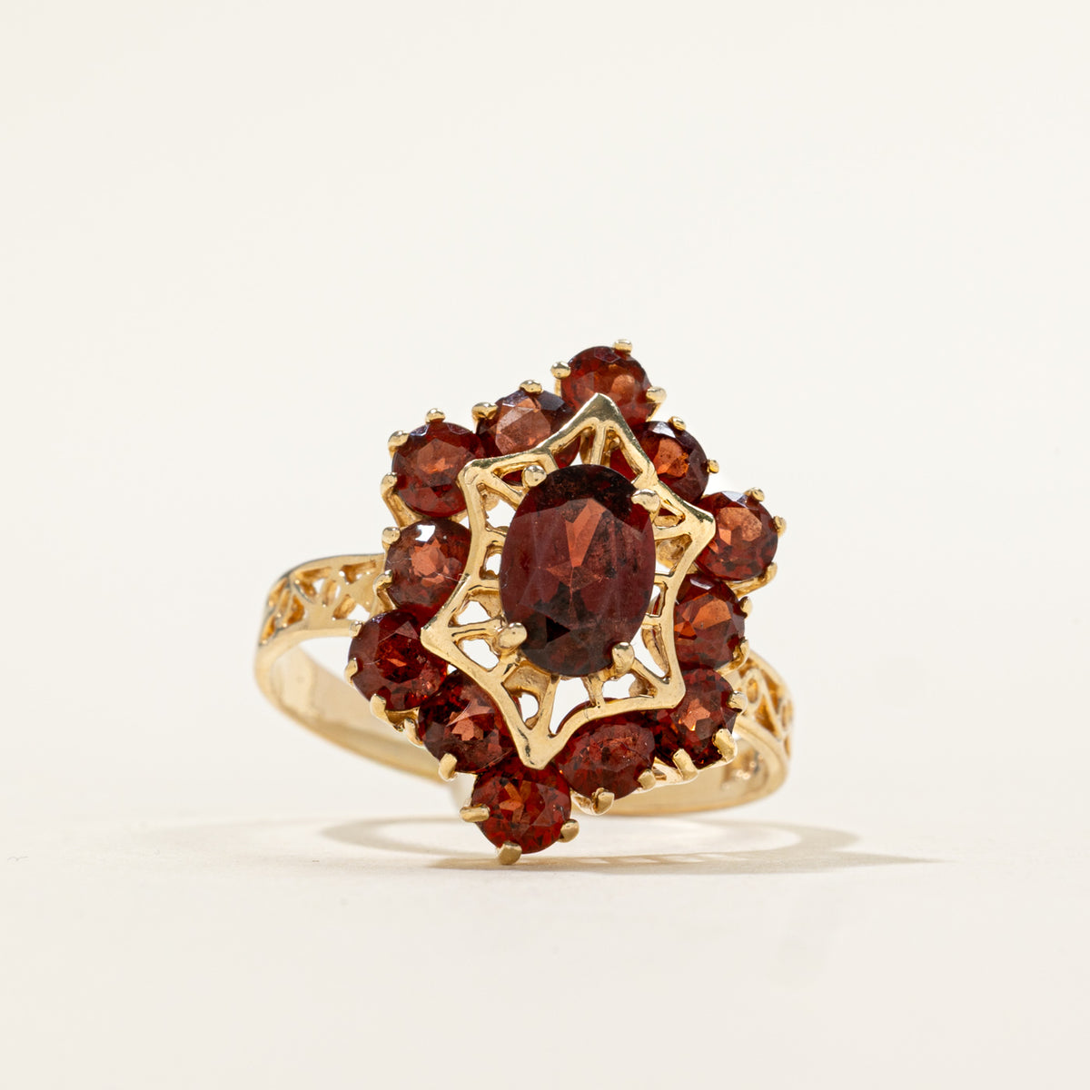 14k Garnet Halo Openwork Geometric Ring | 2.40ct | SZ 7