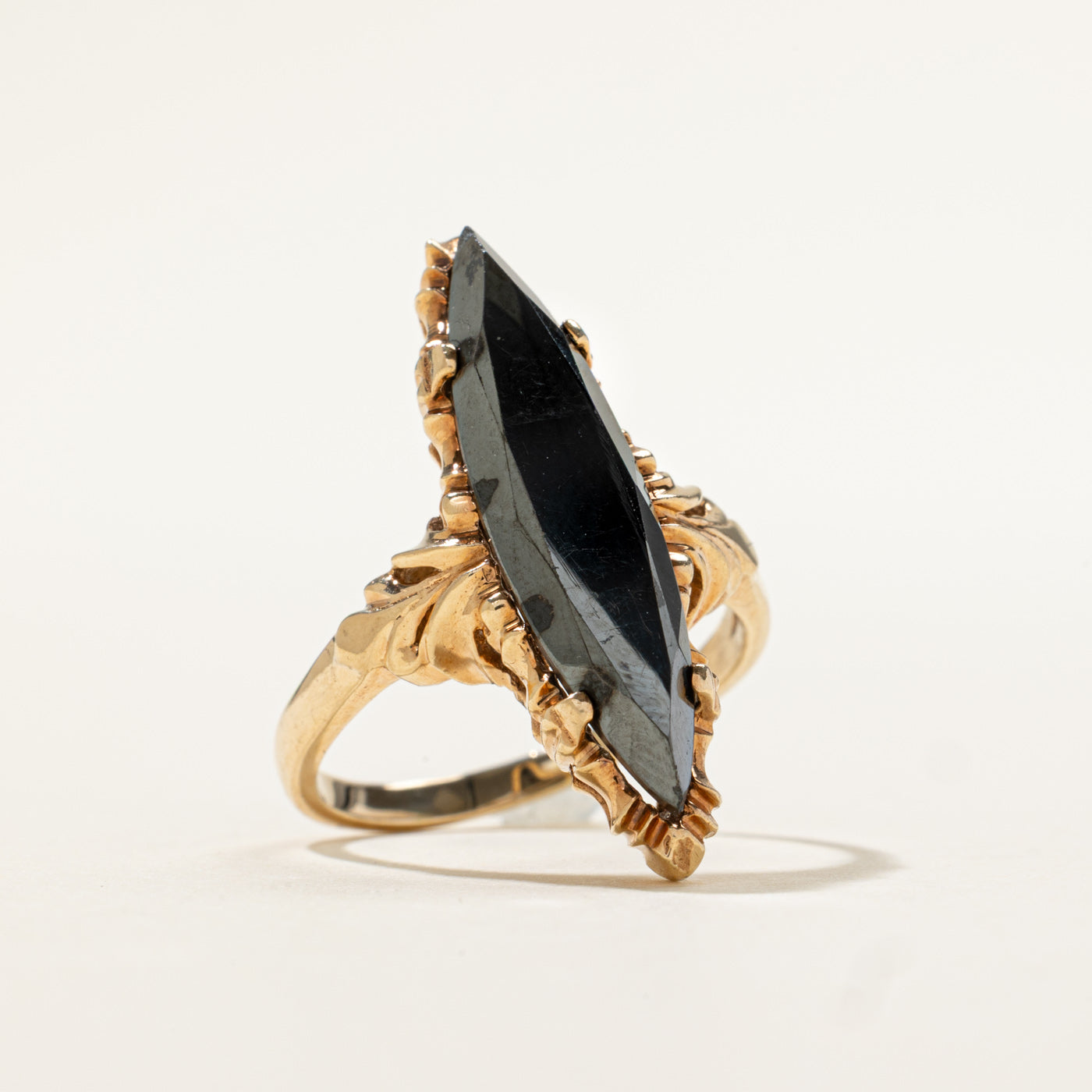 10k Solitaire Hematite Scrollwork Marquise Ornate Ring | 3.90ct | SZ 7.5