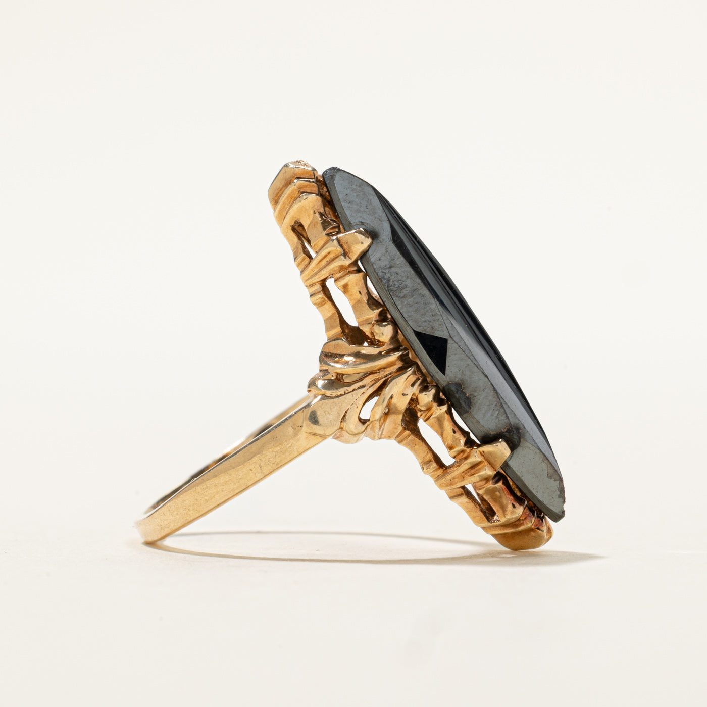 10k Solitaire Hematite Scrollwork Marquise Ornate Ring | 3.90ct | SZ 7.5