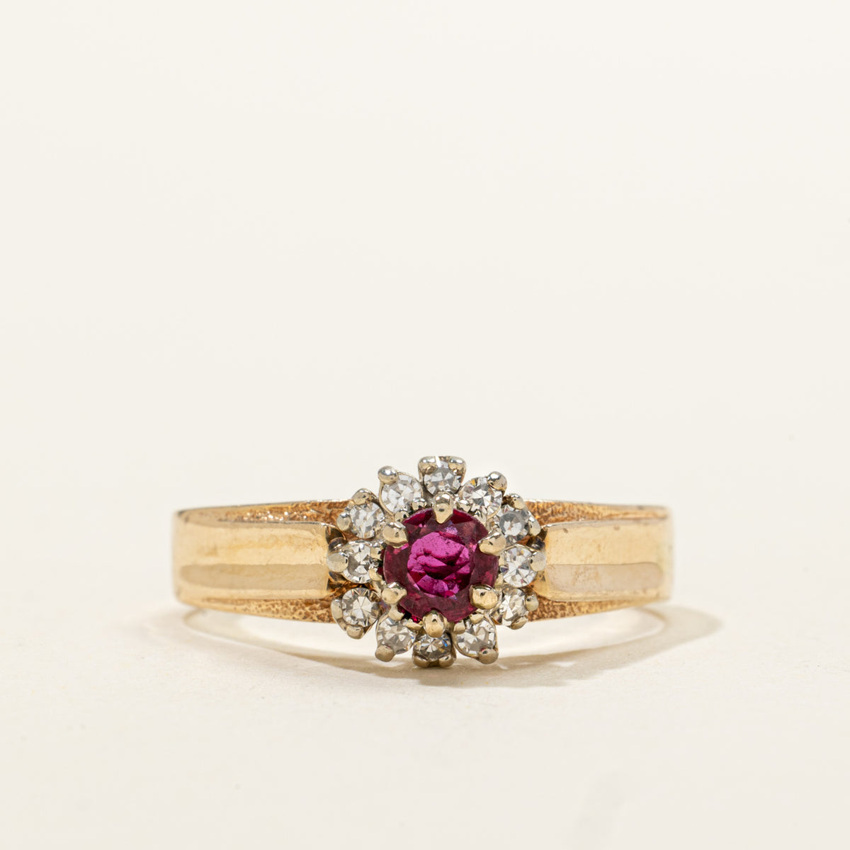 14k Ruby & Diamond Halo Floral Grooved Ring | 0.38ct, 0.12ctw | SZ 8
