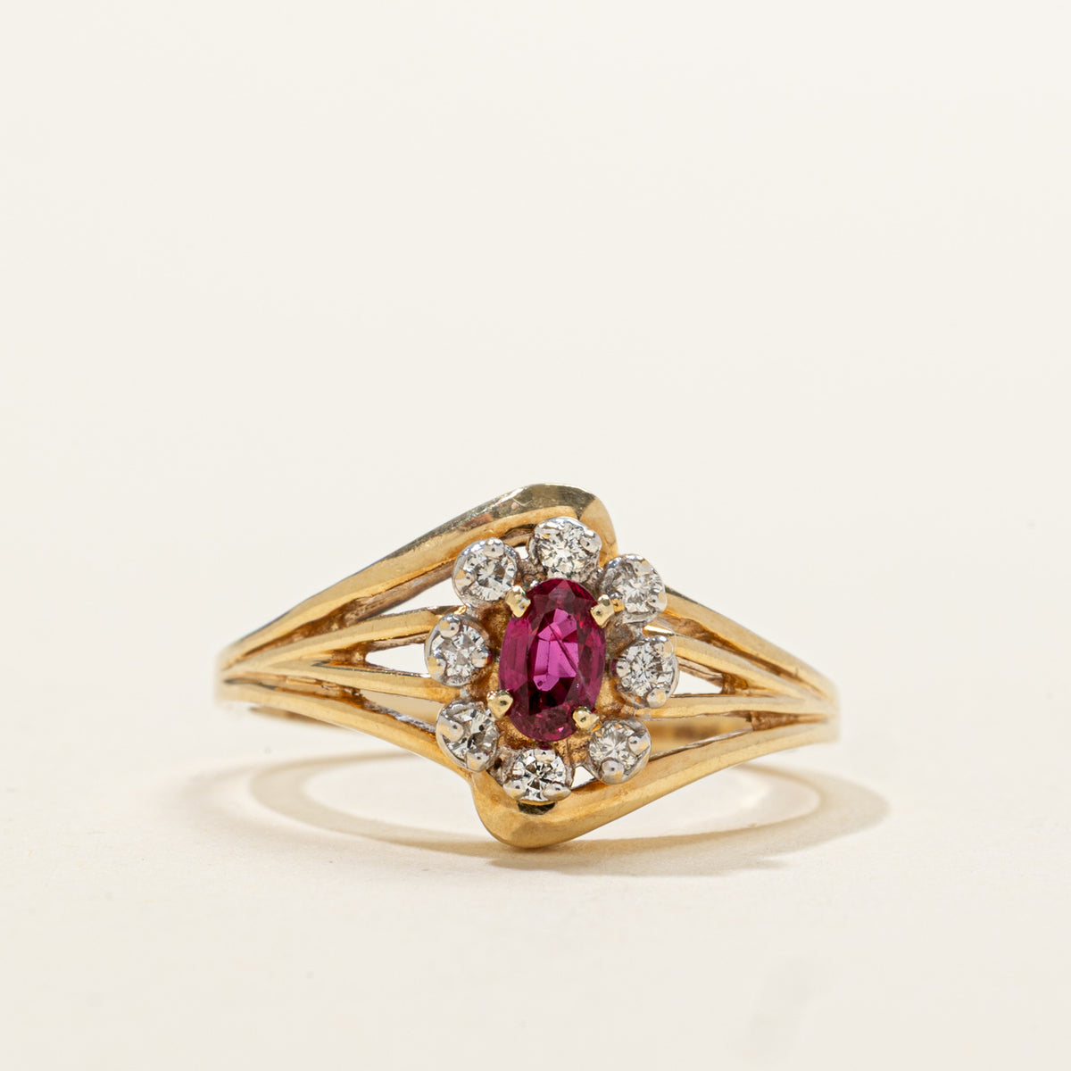 14k Ruby & Diamond Halo Openwork Floral Ring | 0.22ct, 0.08ctw | SZ 6
