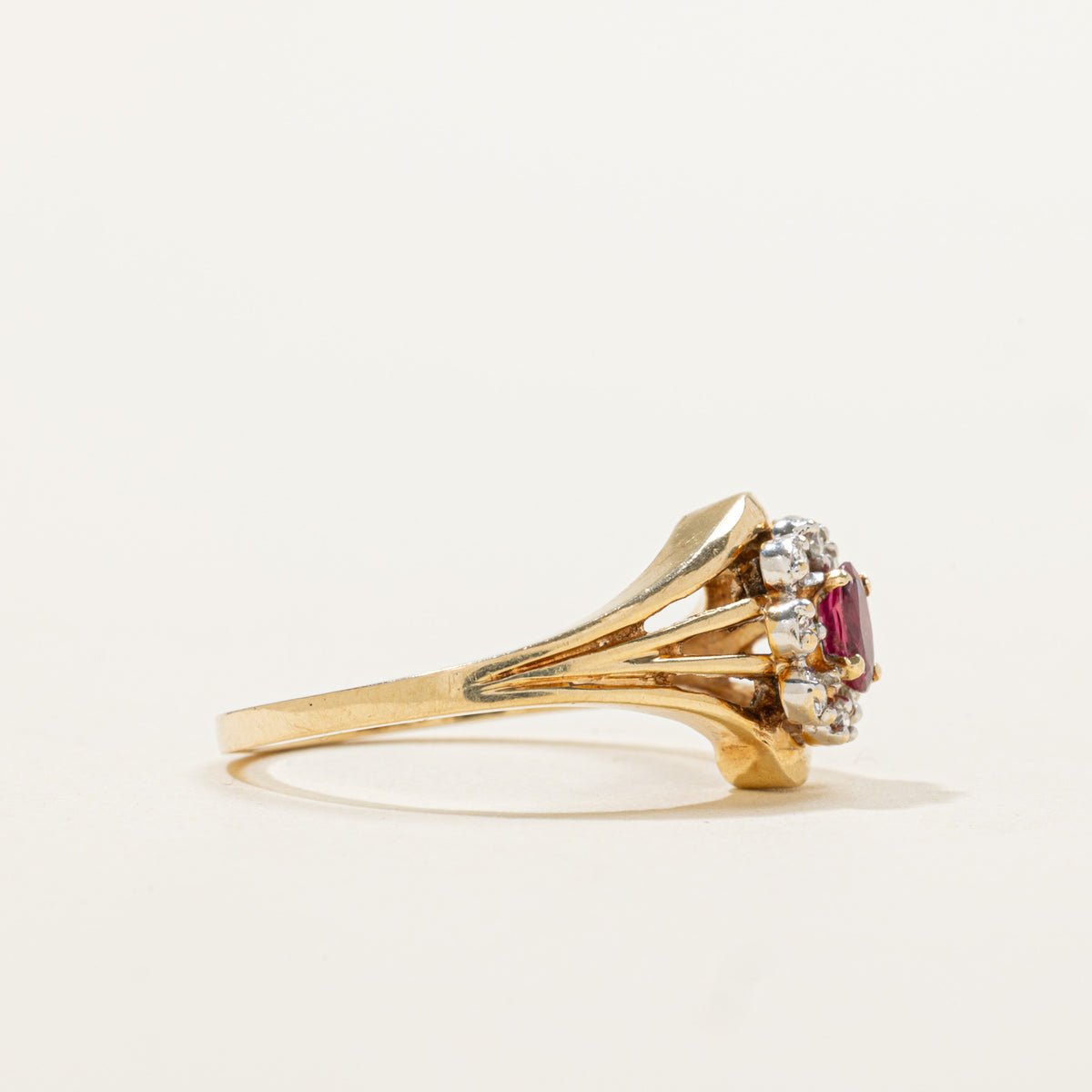 14k Ruby & Diamond Halo Openwork Floral Ring | 0.22ct, 0.08ctw | SZ 6