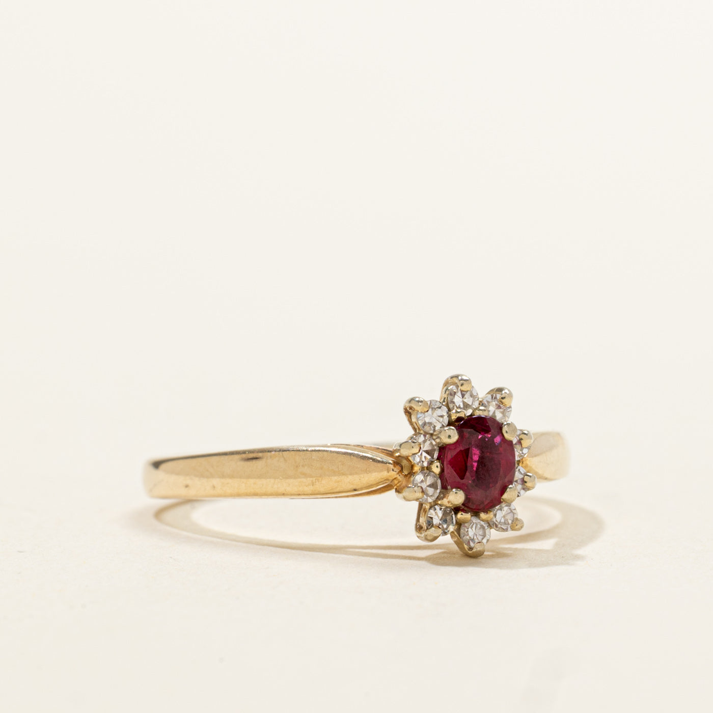 14k Oval Cut Ruby & Diamond Petal Halo Ring | 0.25ct, 0.10ctw | SZ 6.5