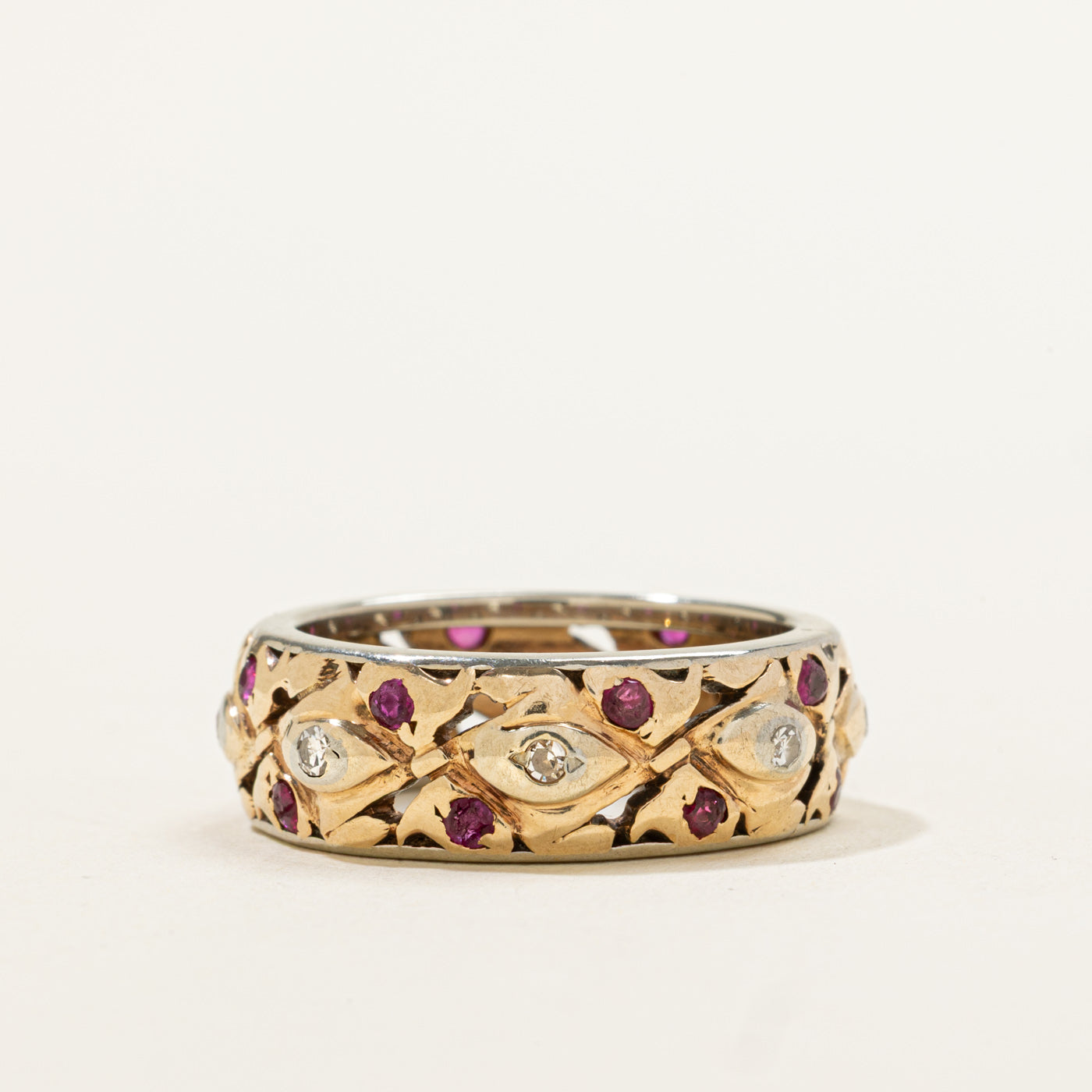 14k Eternity Ruby & Diamond Openwork & Textured Band | 0.40ct, 0.12ctw | 7.30mm | SZ 7.25