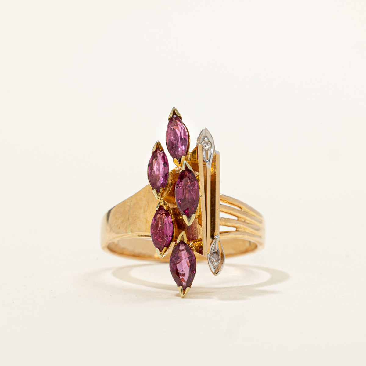 14k Marquise Cut Ruby & Diamond Cluster Grooved Ring | 0.60ctw, 0.01ctw | SZ 6.25