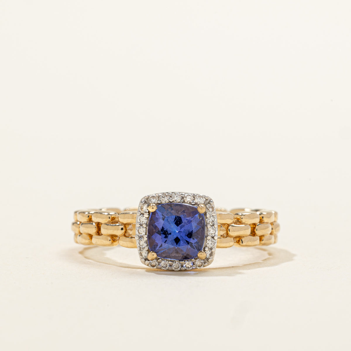 14k Cushion Cut Tanzanite & Diamond Halo Geometric Ring | 1.05ct, 0.04ctw | SZ 9