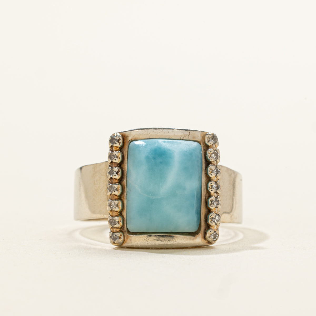 14k Cabochon Larimar & Diamond Framed Geometric Ring | 2.20ct, 0.07ctw | SZ 9.75