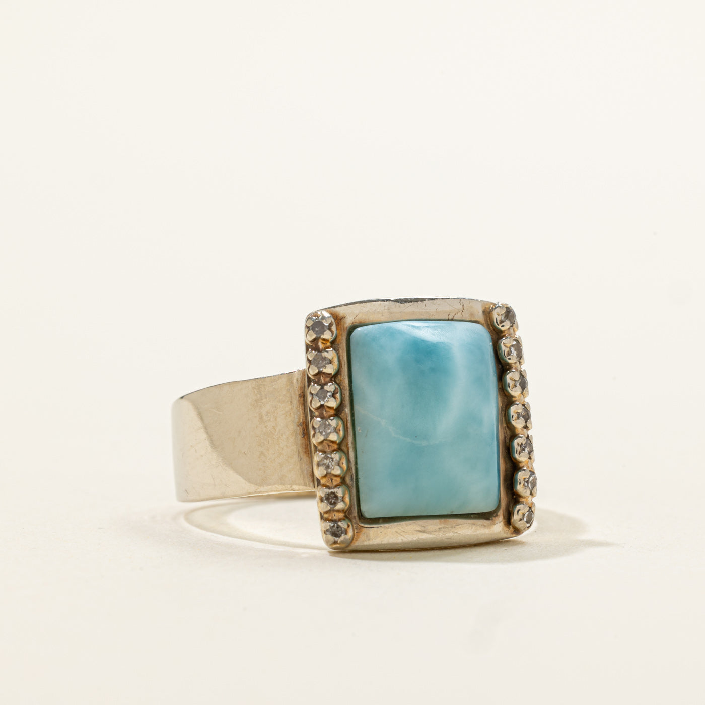 14k Cabochon Larimar & Diamond Framed Geometric Ring | 2.20ct, 0.07ctw | SZ 9.75