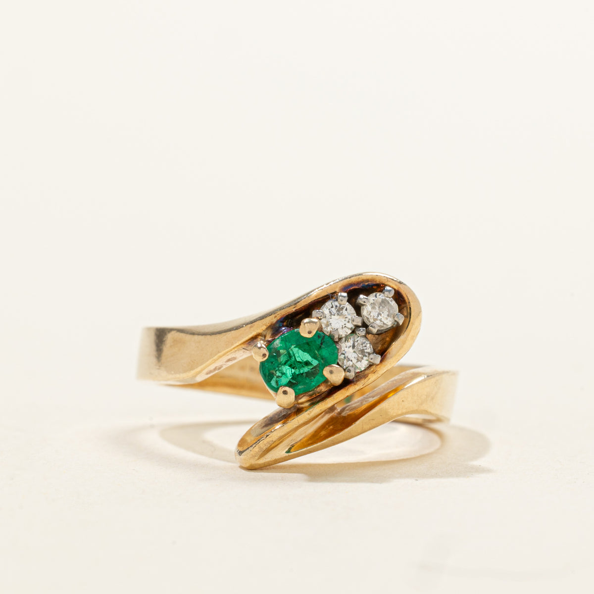 14k Emerald & Diamond Wave Bypass Ring | 0.22ct, 0.09ctw | SZ 4.5