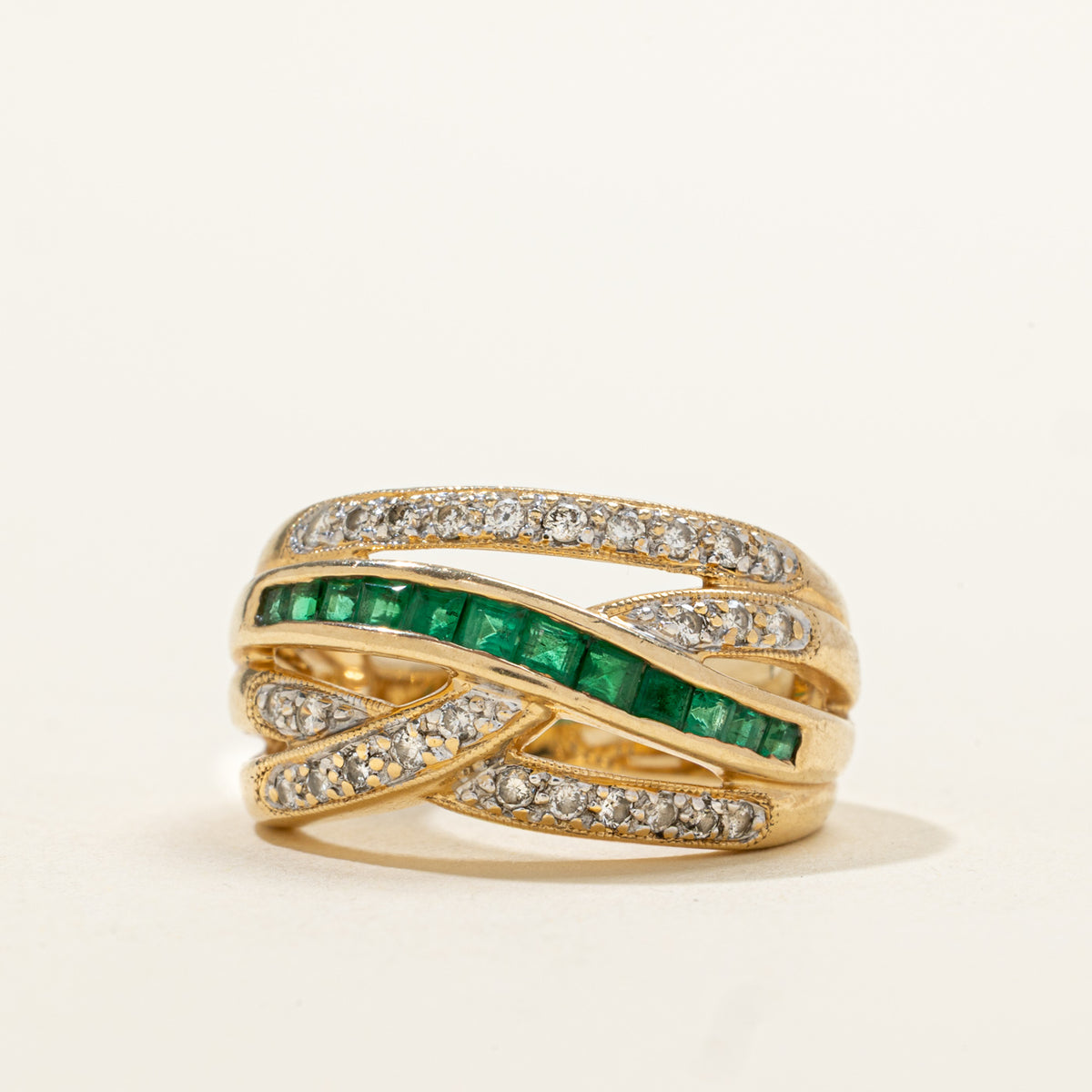14k Multi Row Emerald & Diamond Cross Over Ring | 0.40ct, 0.26ctw | SZ 6