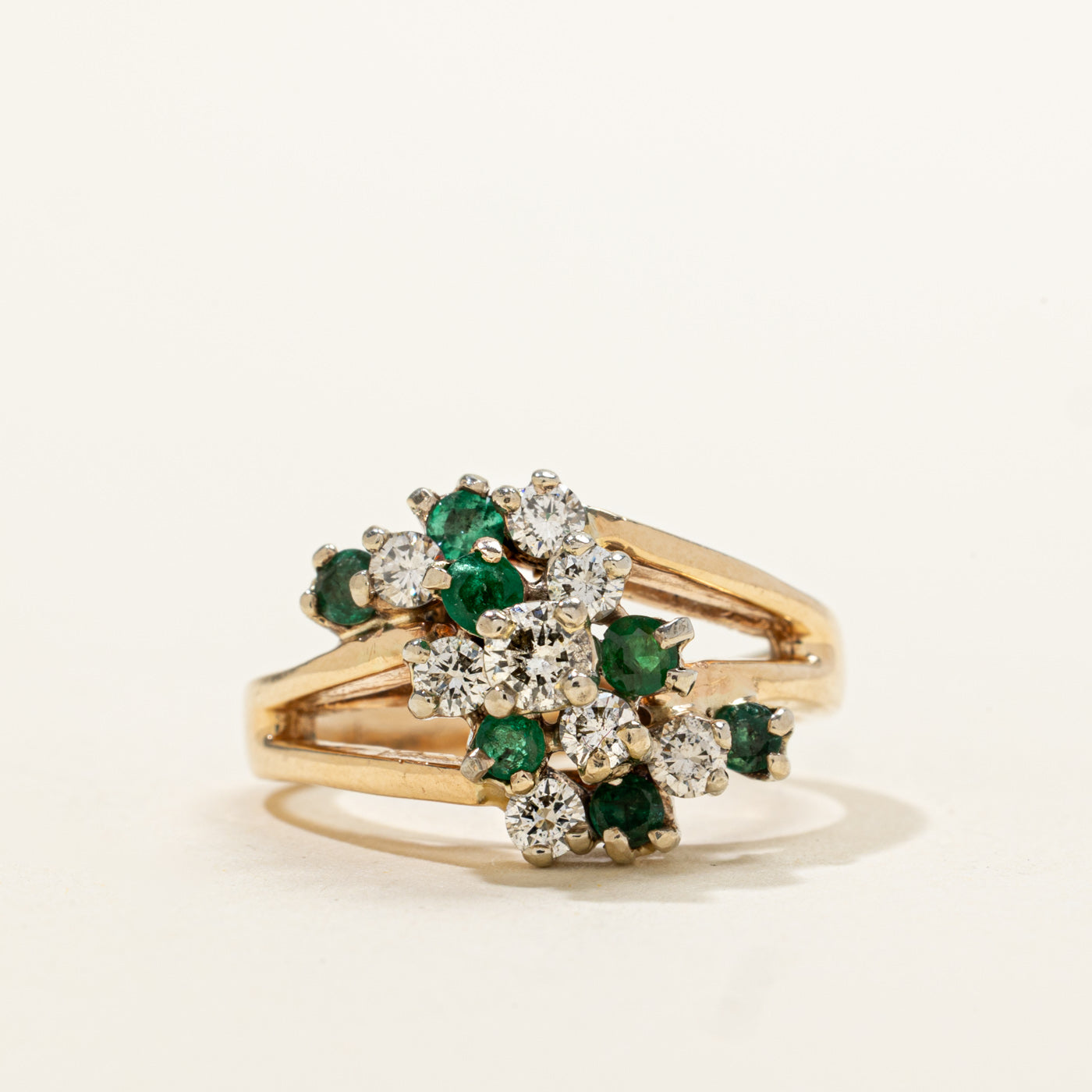 14k Emerald & Diamond Cluster Waterfall Ring | 0.35ct, 0.53ctw | SZ 7