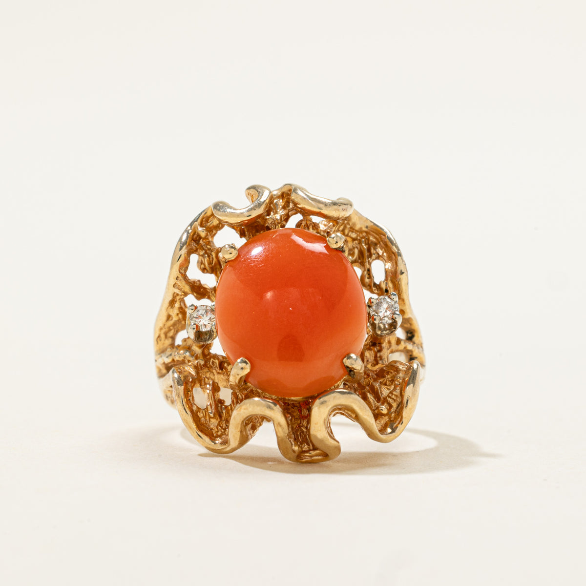 14k Cabochon Coral & Diamond Nuggety Organic Cocktail Ring | 2.37ct, 0.05ctw | SZ 4