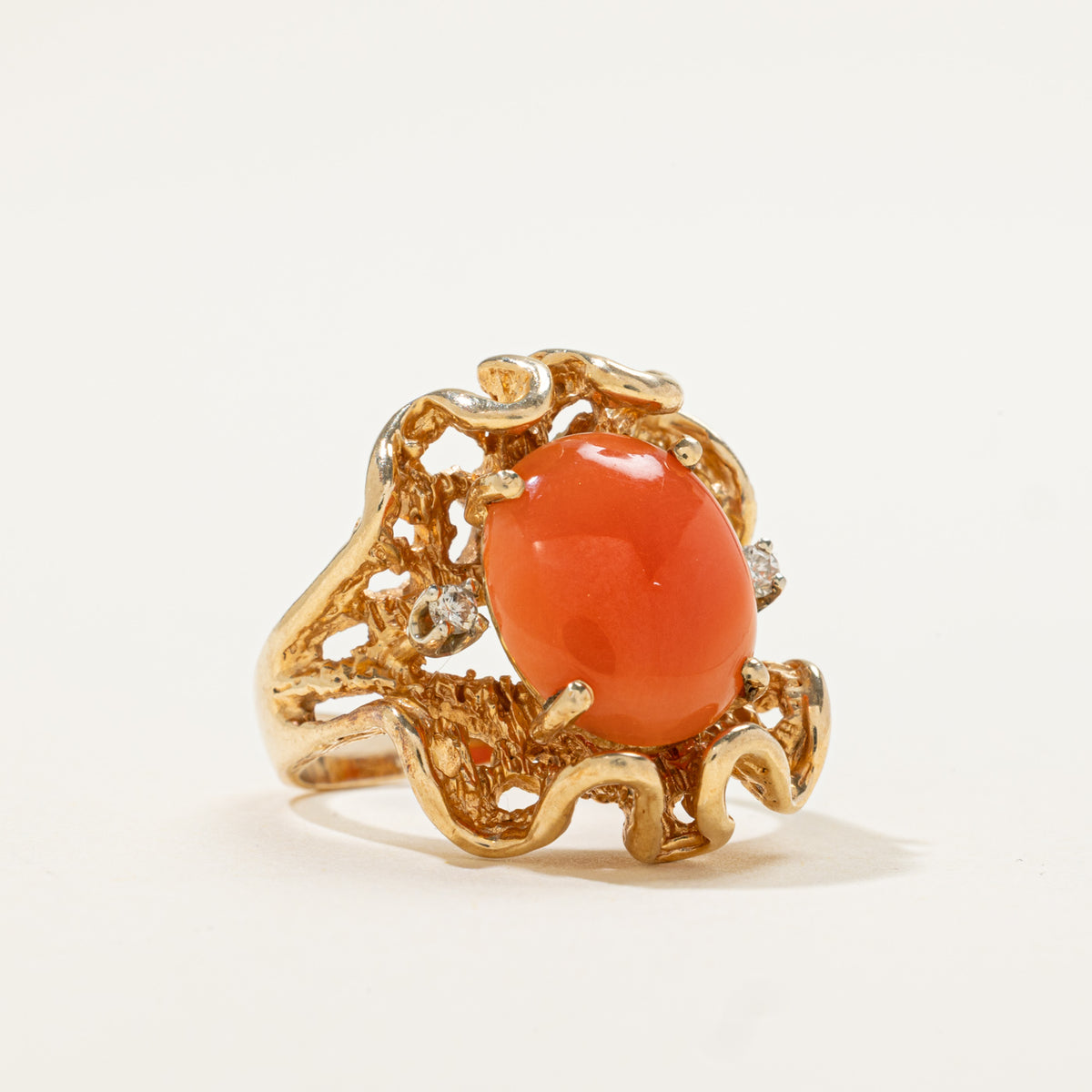 14k Cabochon Coral & Diamond Nuggety Organic Cocktail Ring | 2.37ct, 0.05ctw | SZ 4
