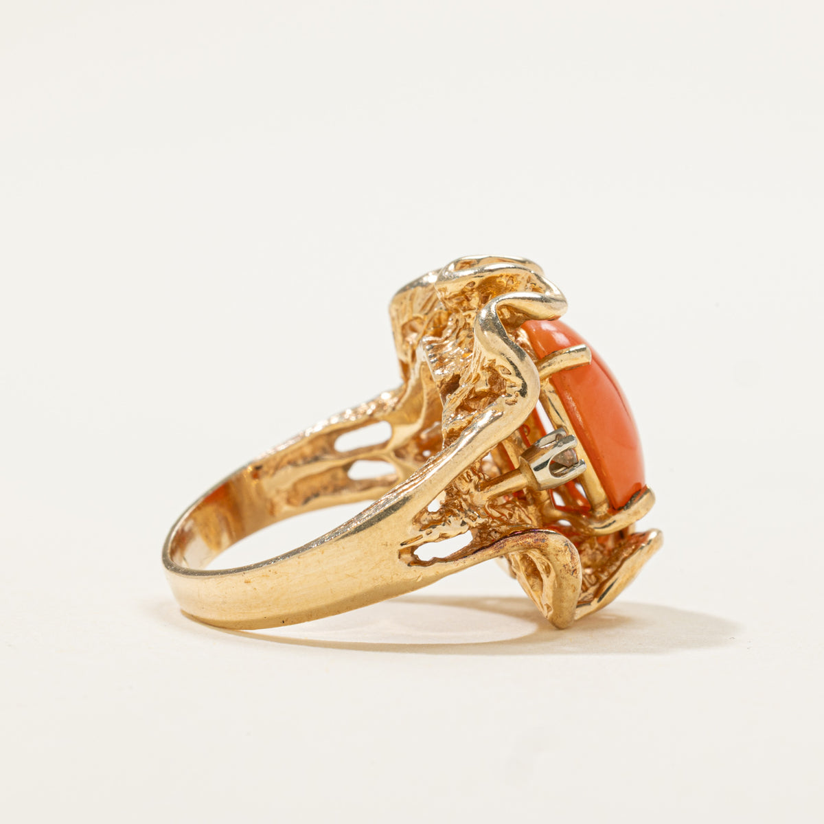 14k Cabochon Coral & Diamond Nuggety Organic Cocktail Ring | 2.37ct, 0.05ctw | SZ 4