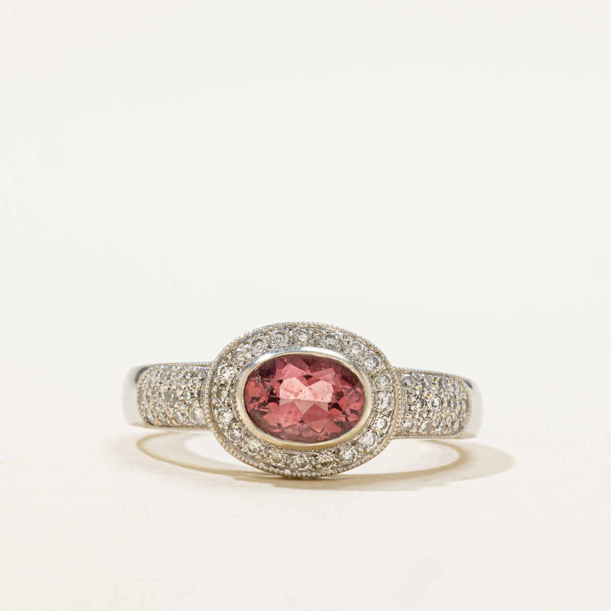 14k East West Pink Tourmaline & Diamond Halo Ring | 0.90ct, 0.22ctw | SZ 8.25