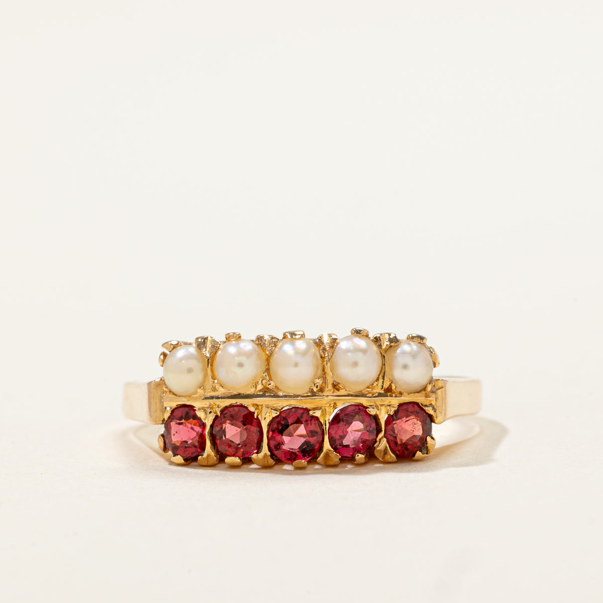 18k Double Row Red Glass & Pearl Ring | 0.40ctw | SZ 7.75