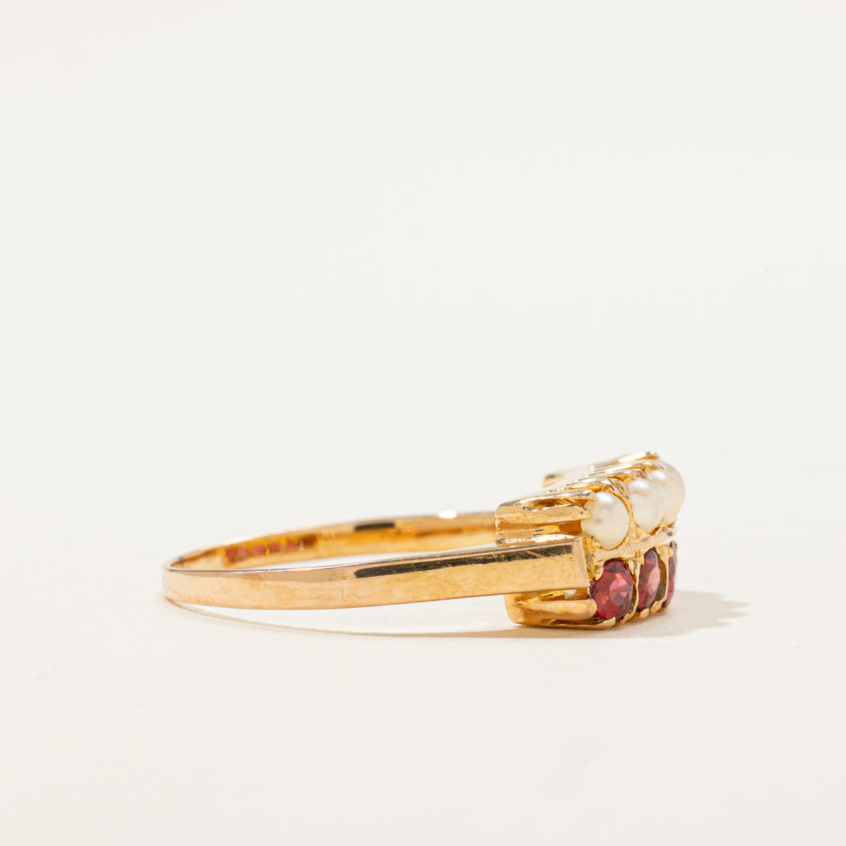 18k Double Row Red Glass & Pearl Ring | 0.40ctw | SZ 7.75