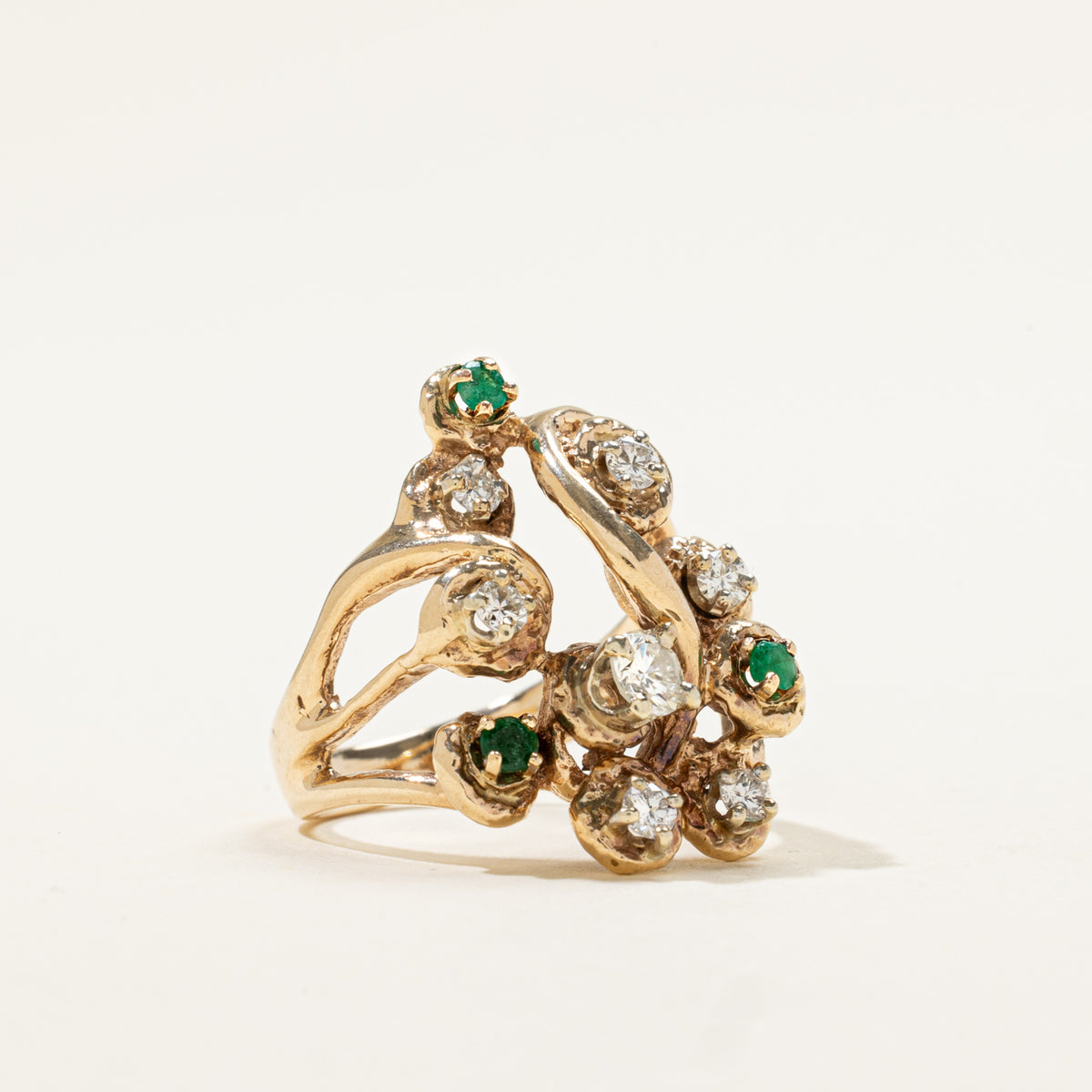 10k Scattered Emerald & Diamond Openwork Cocktail Ring | 0.12ctw, 0.48ctw | SZ 5.5