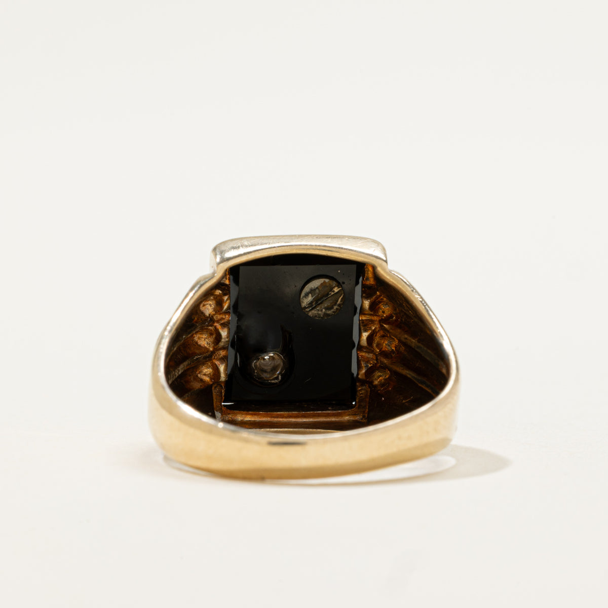 10k Onyx & Diamond "N" Initial Grooved Signet Ring | 1.95ct, 0.005ctw | SZ 8