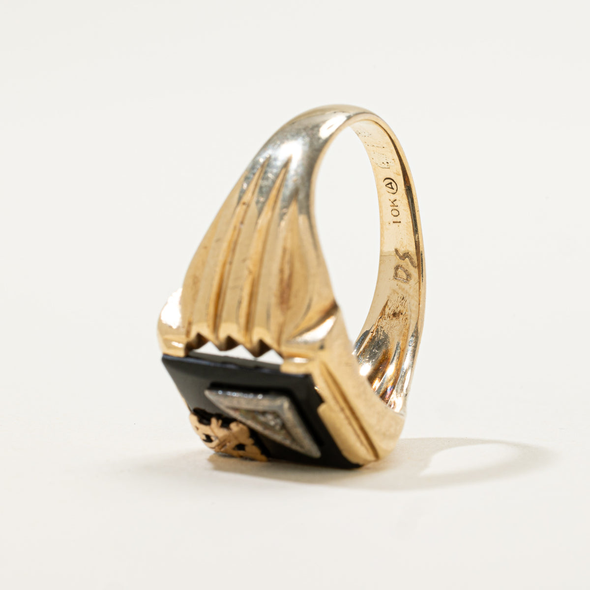 10k Onyx & Diamond "N" Initial Grooved Signet Ring | 1.95ct, 0.005ctw | SZ 8