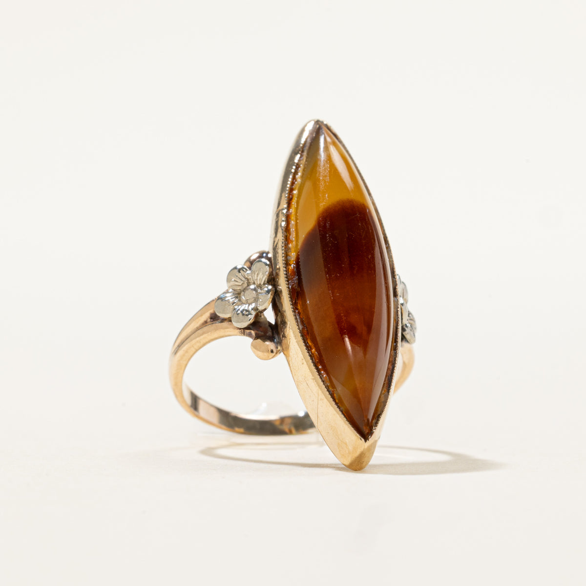 10k Solitaire Agate Floral Accented Navette Ring | 4.50ct | SZ 4.5