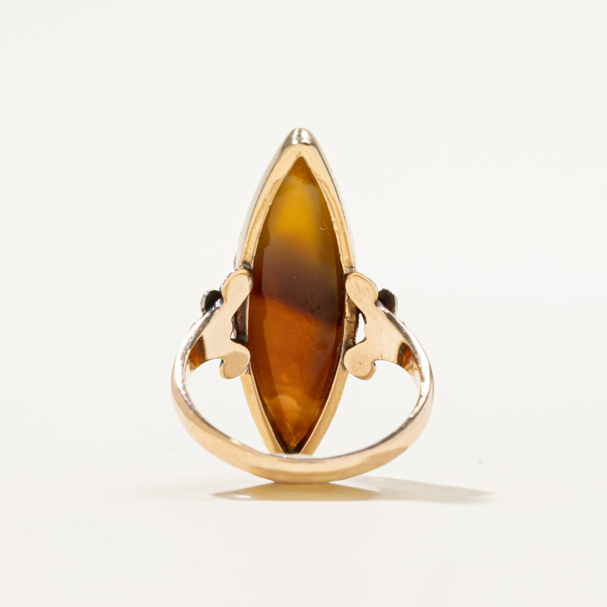 10k Solitaire Agate Floral Accented Navette Ring | 4.50ct | SZ 4.5