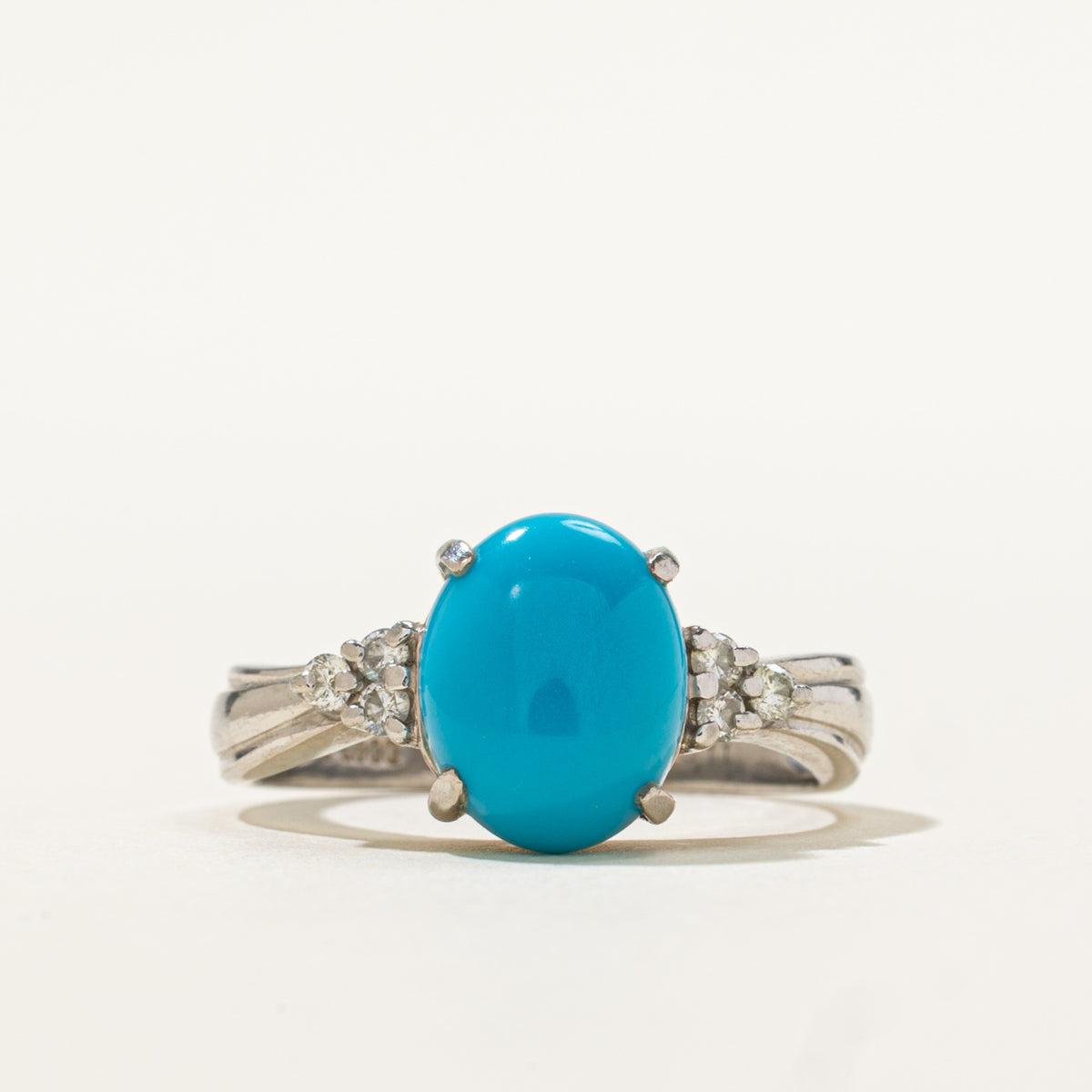 900 Platinum Cabochon Imitation Turquoise & Diamond Grooved Ring | 2.80ct, 0.09ctw | SZ 6.5
