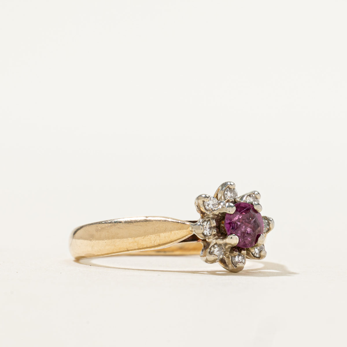 10k Ruby & Diamond Petal Halo Reverse Tapered Ring | 0.28ct, 0.04ctw | SZ 5.25