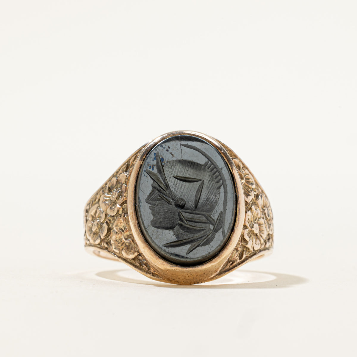 10k Hematite Warrior Intaglio Floral Engraved Signet Ring | 4.80ct | SZ 10.75