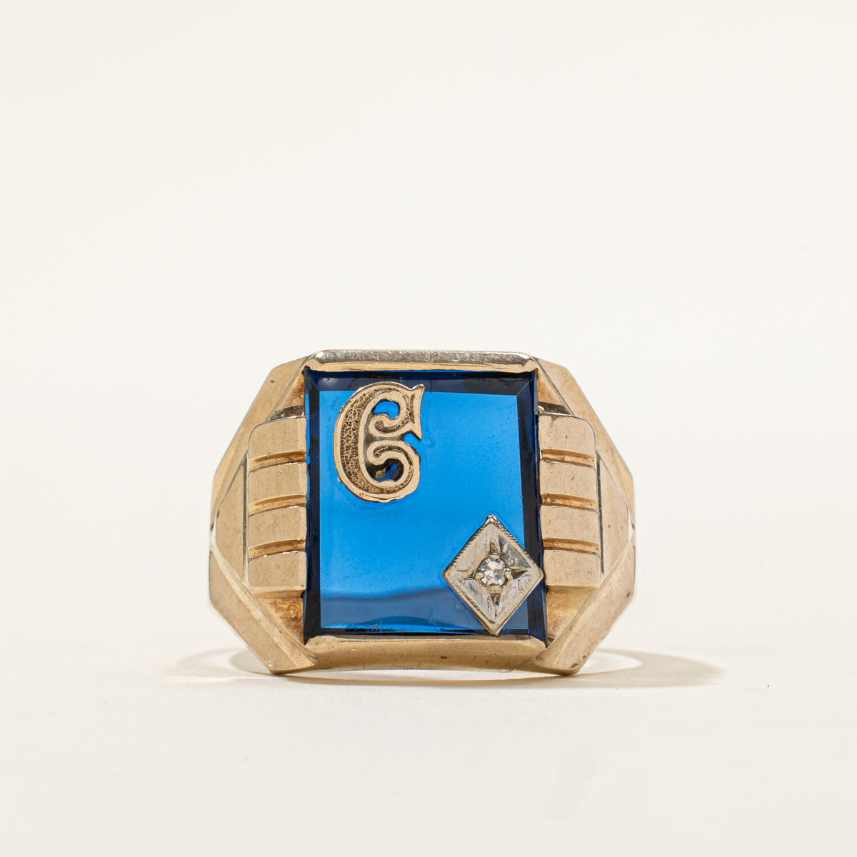 10k Synthetic Sapphire & Diamond "C" Initial Signet Ring | 5.00ct, 0.01ct | SZ 9.75