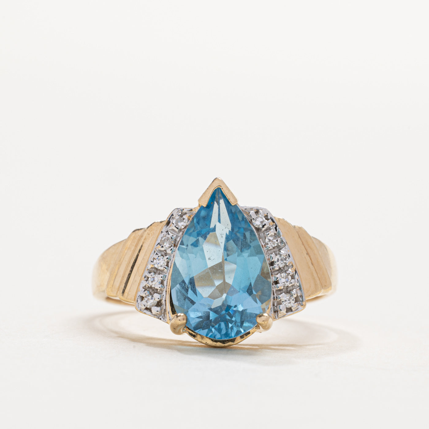 14K Pear Cut Blue Topaz & Diamond Grooved Ring | SZ 7.75