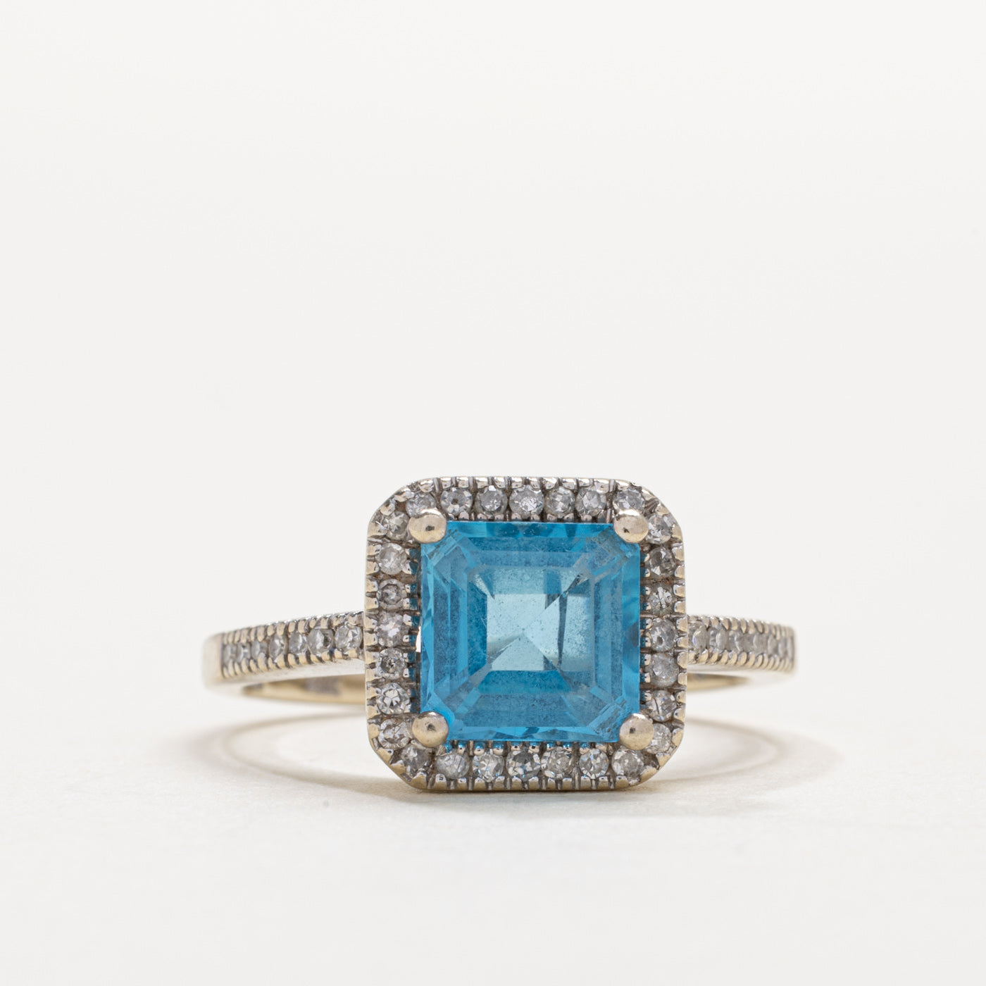 14K Step Cut Blue Topaz & Diamond Halo Ring | SZ 6.5