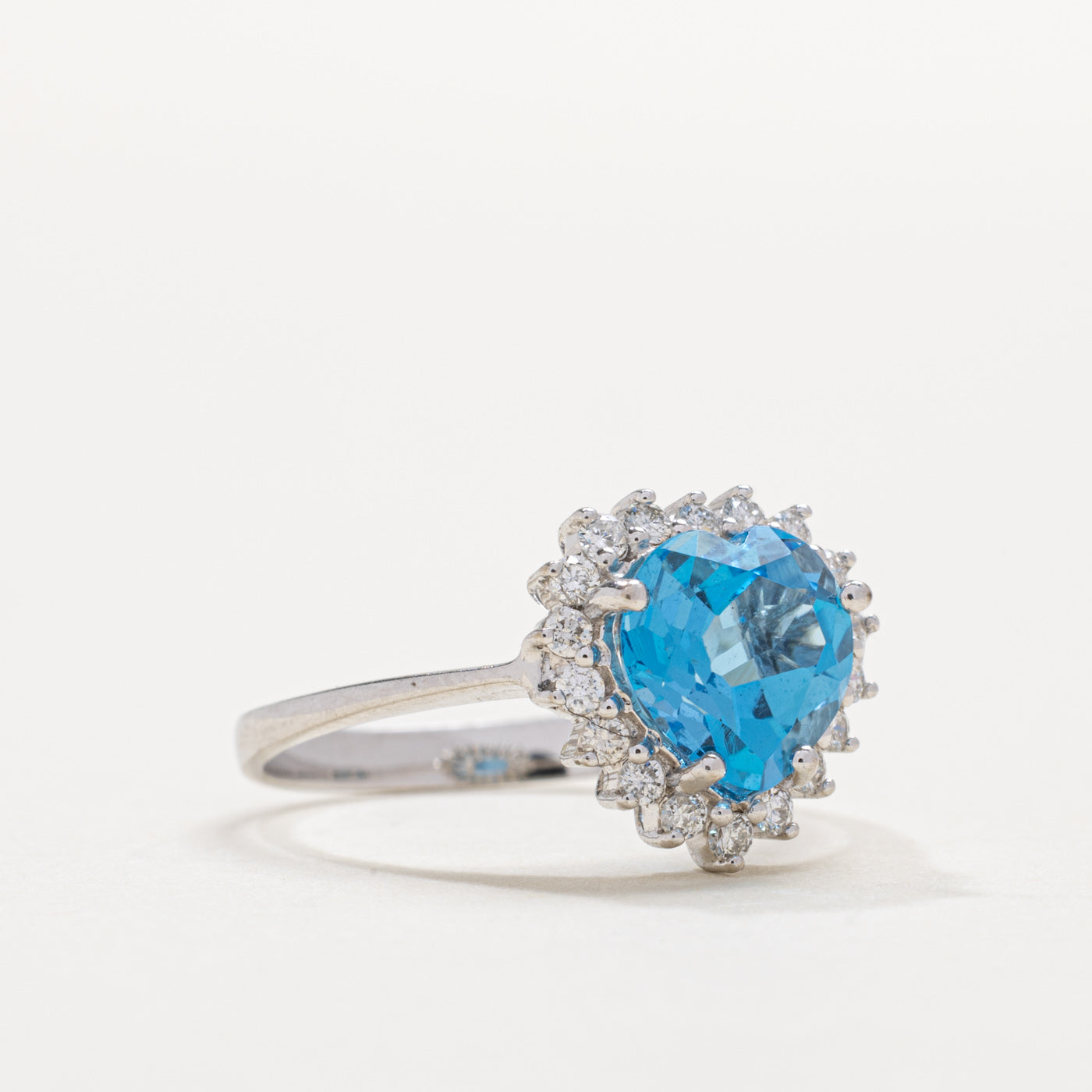 9K Heart Cut Blue Topaz & Diamond Petal Halo Ring | SZ 6.0