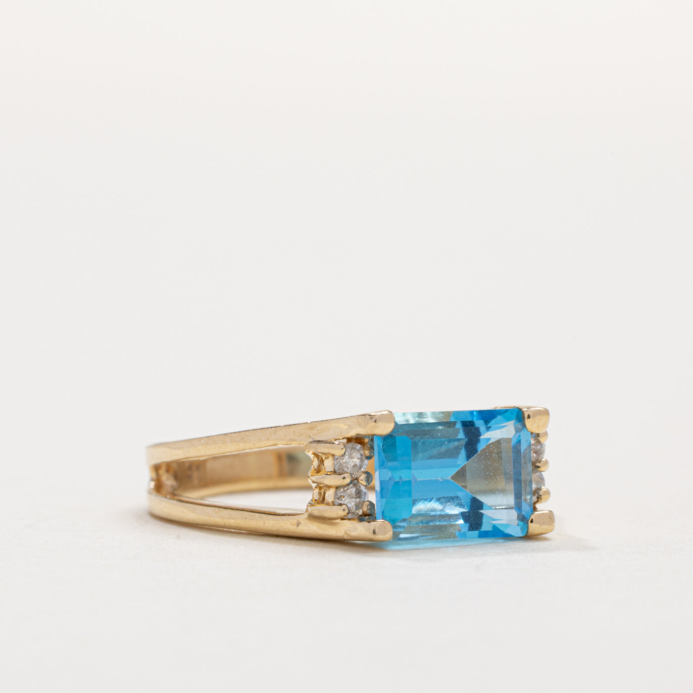 14K East West Emerald Cut Blue Topaz & Diamond Ring | SZ 5.0