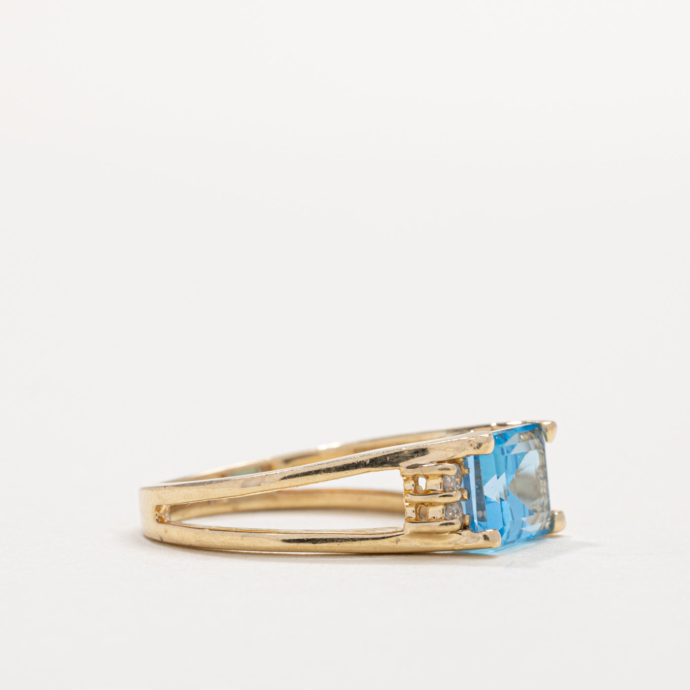 14K East West Emerald Cut Blue Topaz & Diamond Ring | SZ 5.0