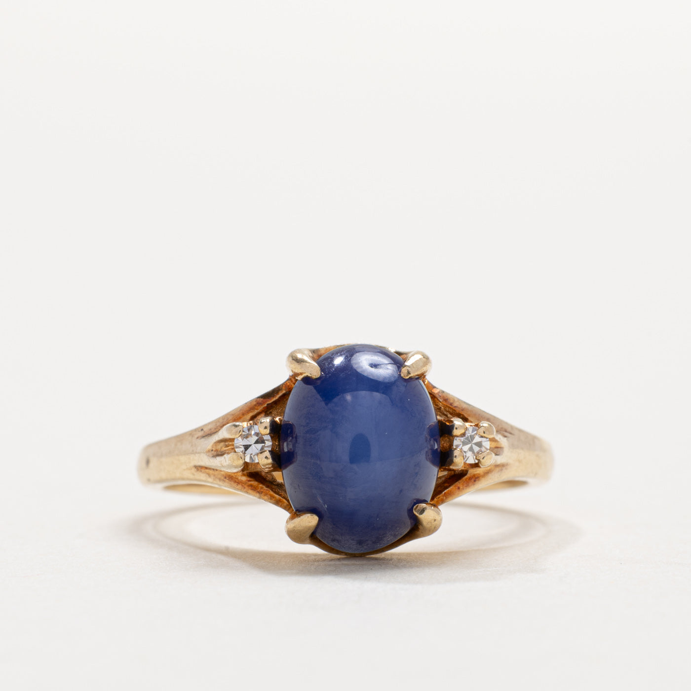 10K Cabochon Synthetic Sapphire & Diamond Accented Ring | SZ 6.0