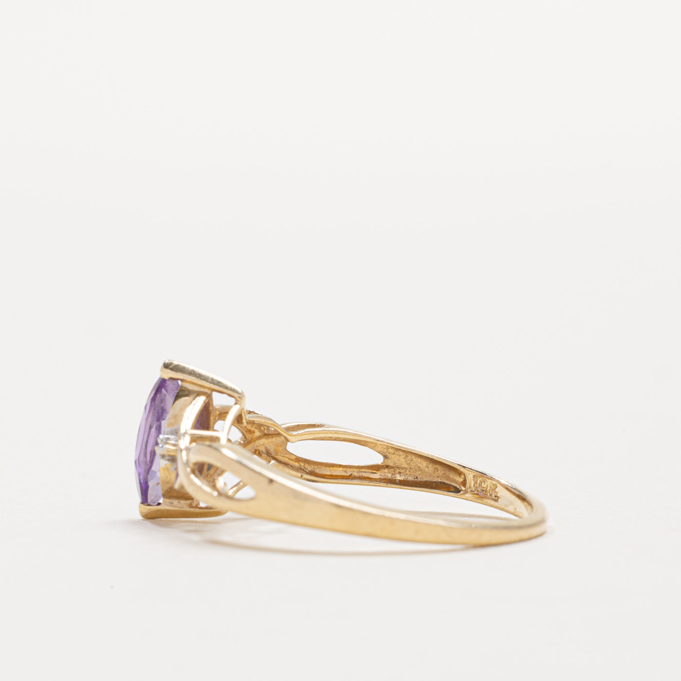 Bague croisée en or 10 carats avec améthyste taille marquise et diamants | Taille 6,75