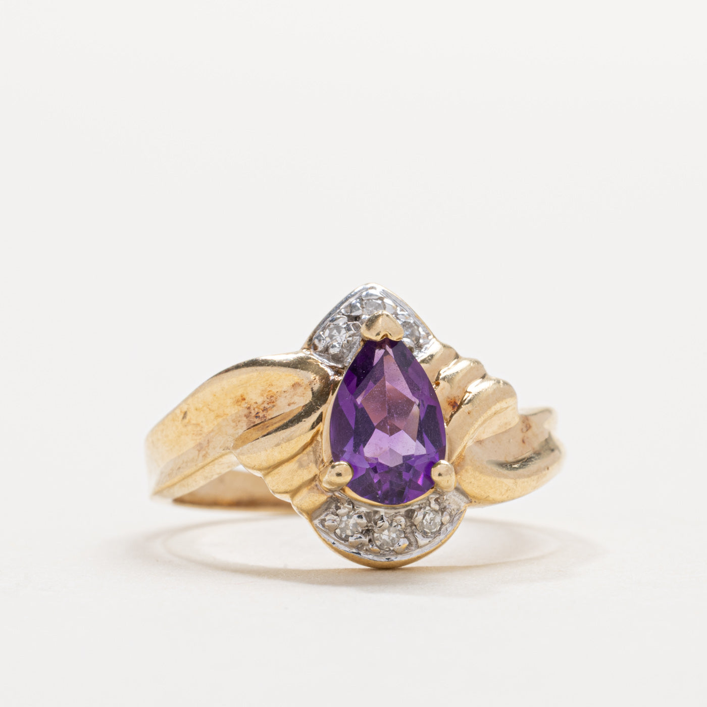 10K Pear Cut Amethyst & Diamond Accented Grooved Ring | SZ 6.0
