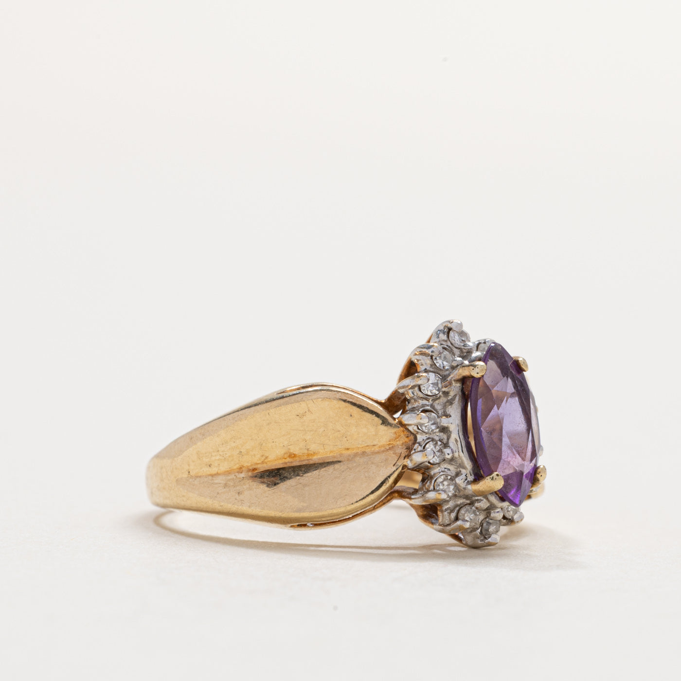 10K Marquise Cut Amethyst & Diamond Petal Halo Ring | SZ 5.75