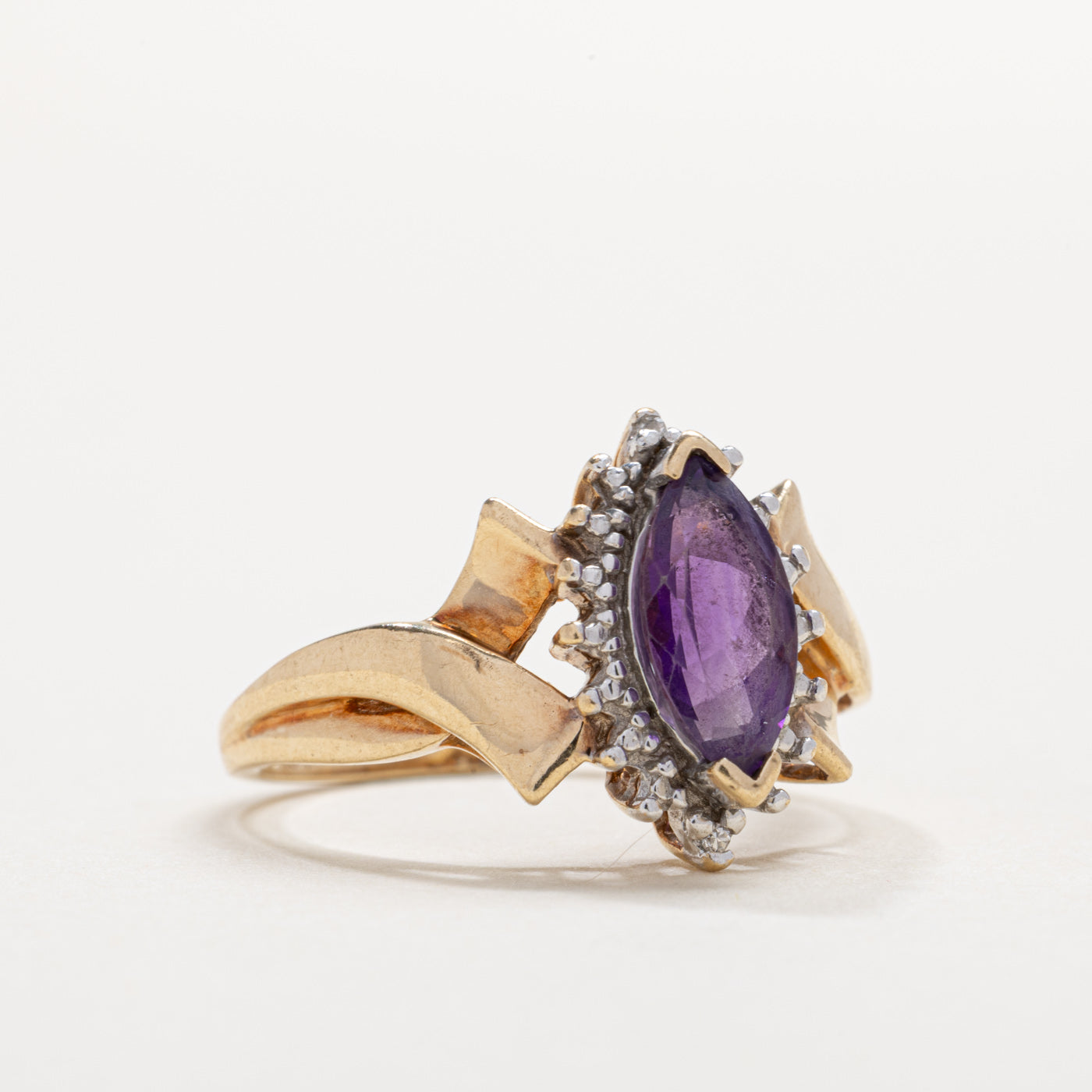 10K Marquise Cut Amethyst & Diamond Petal Halo Ring | SZ 7.0
