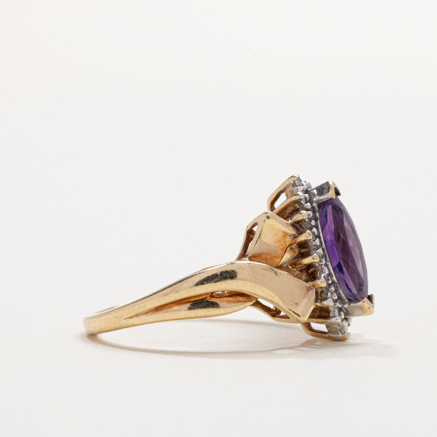 10K Marquise Cut Amethyst & Diamond Petal Halo Ring | SZ 7.0