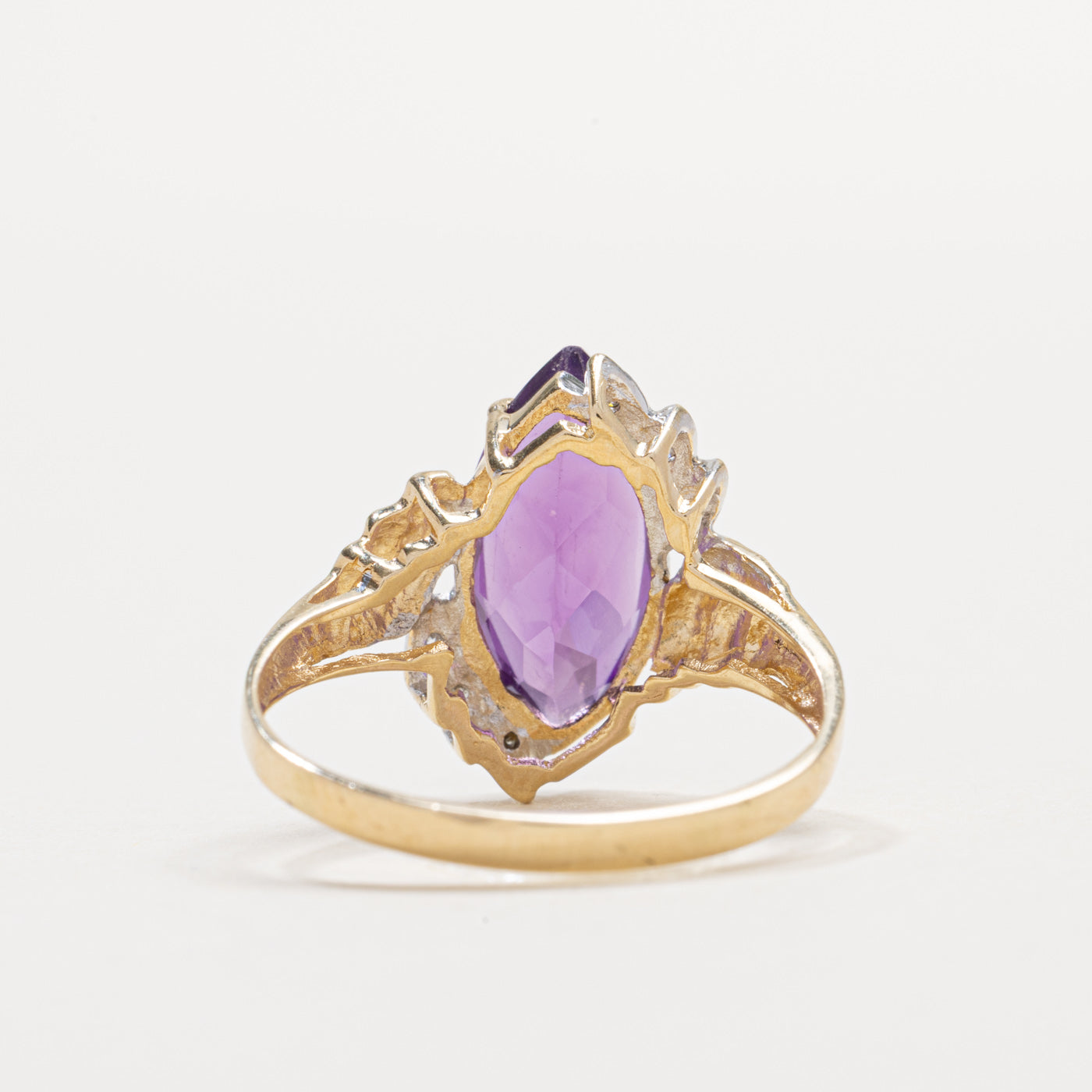 10K Marquise Cut Amethyst & Diamond Grooved Ring | SZ 8.5