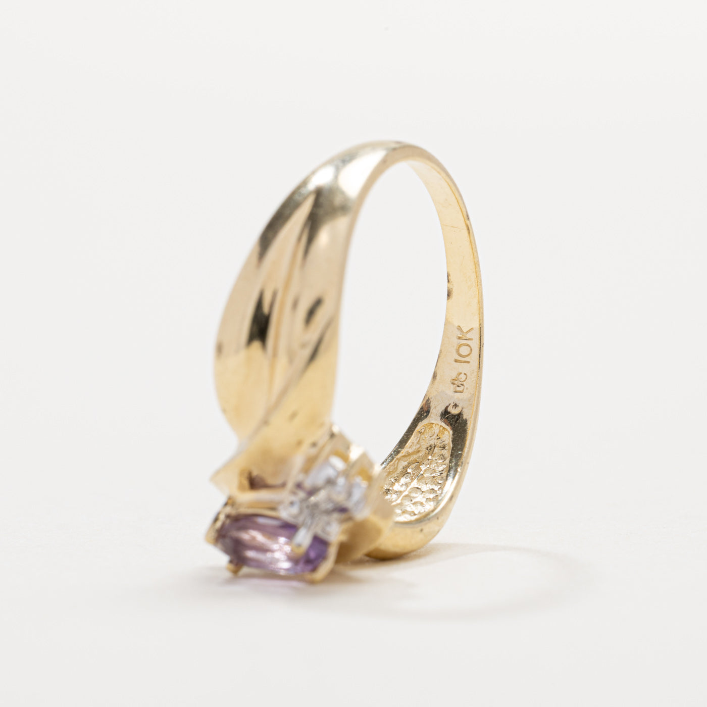 Bague nœud papillon en or 10 carats avec améthyste taille marquise et diamants | Taille 6,25
